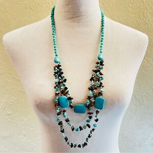 Turquoise & Tiger Eye Multi-Strand Beaded Statement Necklace 36” Pull-Over Style